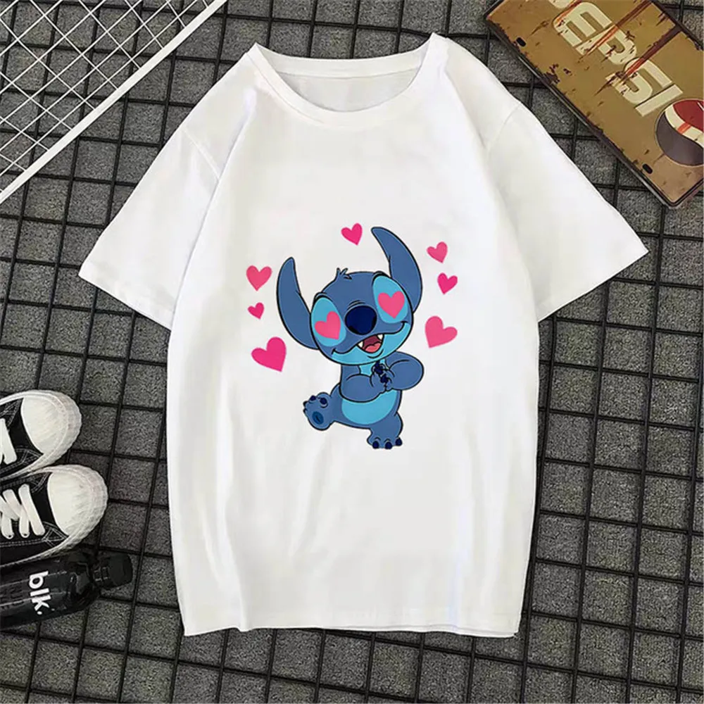 Disney Lio Stitch Ohana Women T-shirts White Tops Female Summer New Cartoon Female Casual O-neck T-shirts for Women Lady Clothes