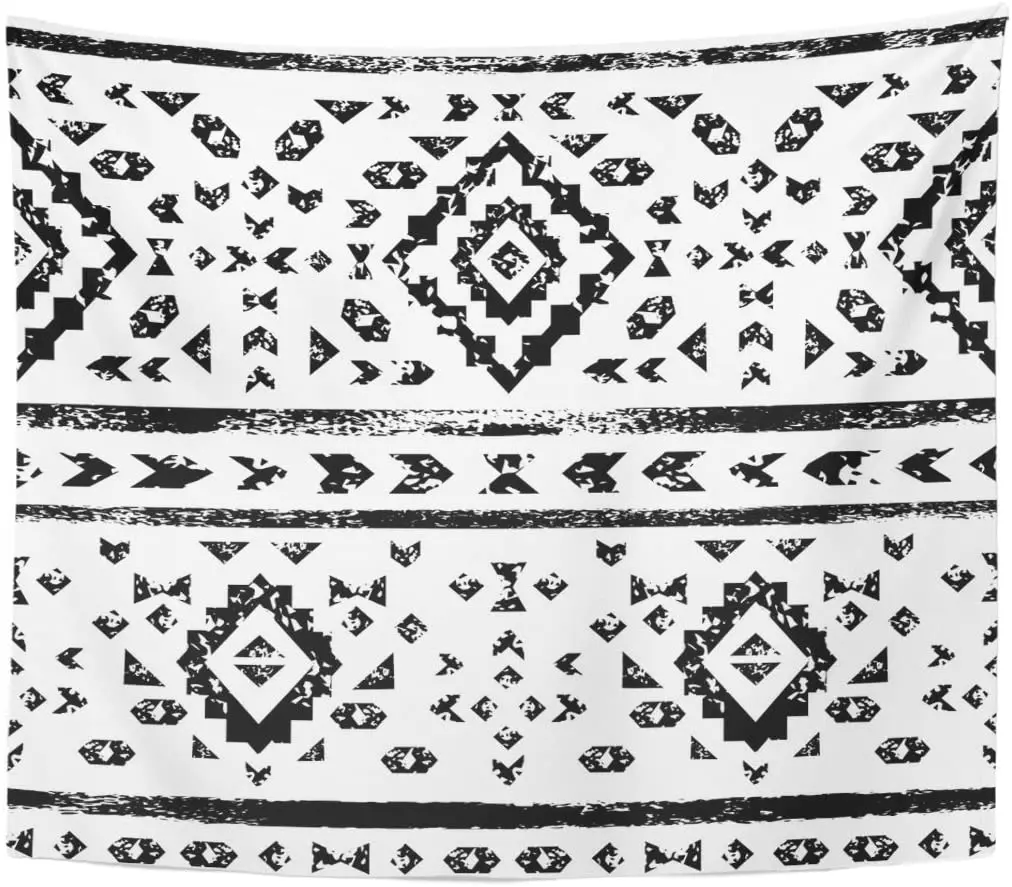 Tapestry Geo Black and White Aged Geometric Aztec Pattern Border Tapestries Wall Hanging for Living Room Bedroom Dorm | Дом и сад