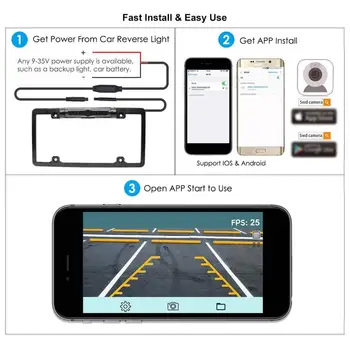 

Wifi Wireless Mobile Phone APP Camera Wide-angle Waterproof Night Vision US License Plate Frame Wireless Reversing Camera