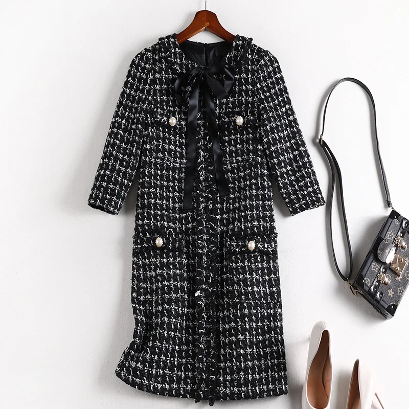 autumn winter women plaid knitted plus size tweed dresses buttonsbow tassel 3/4 sleeve dress 4XL 5XL apricot y489 - Цвет: Черный