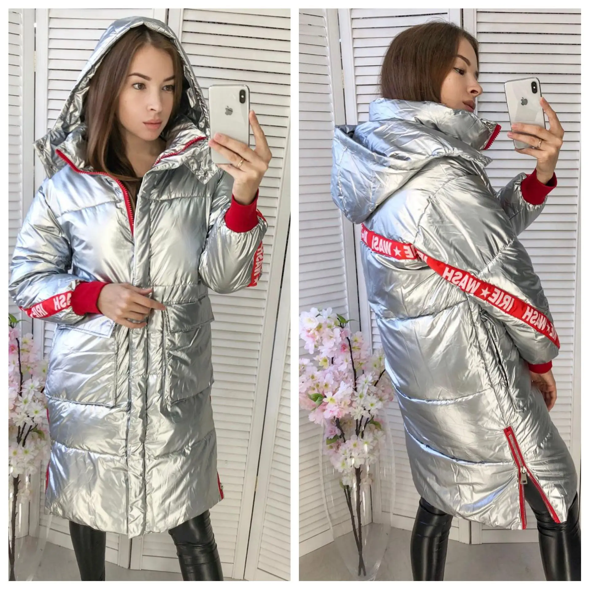 

2019ins Hot Mid-length Bright Surface Hooded Splittable Warm down Jacket Cotton-padded Clothes a Generation of Fat