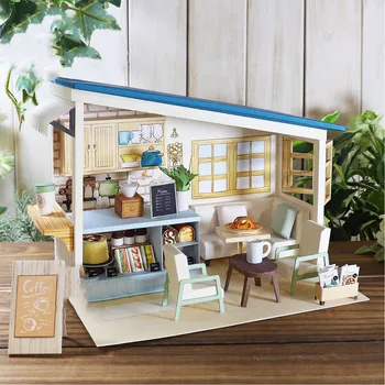 DIY Dollhouse Casa Miniature Furniture Kit Coffee Shop Paper Model Doll Houses Assemble Toy for Children Christmas Gifts