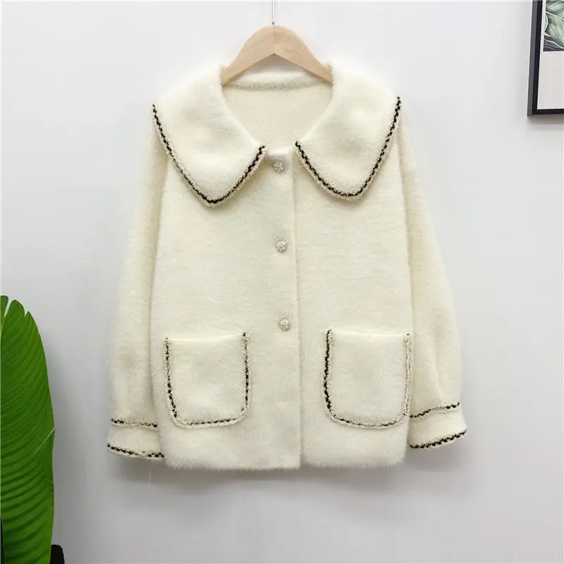 

2020 Winter Faux fur coat Women Korean Style Faux Mink Buttons Knitted Cardigan Jacket Female Short Basic Coat Knitwear Casacos