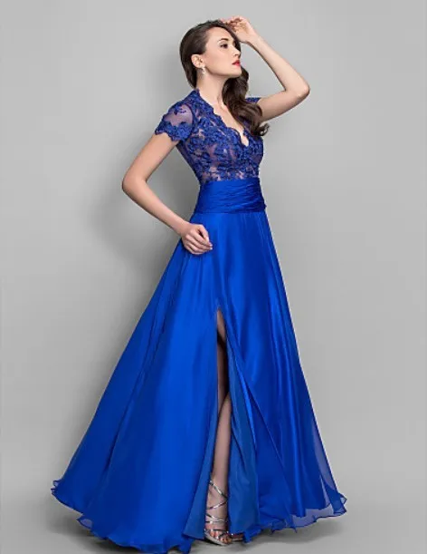 Новые модные пикантные vestidos de festa свободного покроя с коротким рукавом Вечерние платья Королевский синий цвет кружевное длинное вечернее платье для мамы; обувь под свадебное платье для невесты
