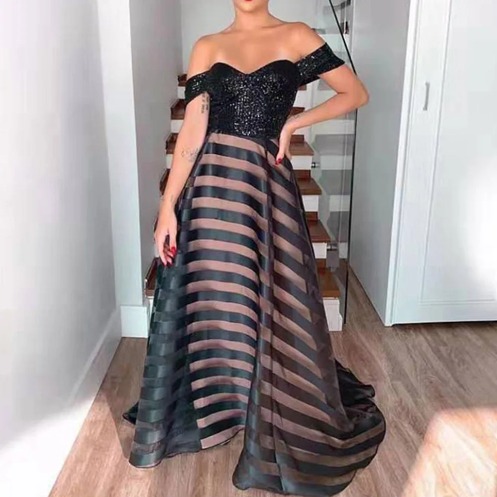 Off Shoulder Black Sequined Prom Party Dress Women Summer Striped Chiffon A-Line Long Dresses Sexy Backless Robe De Soiree | Свадьбы и