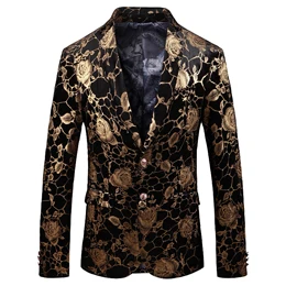 Gold Peony Bronzing Men's Suit Coat Luxury Slim Fit Single Breasted Suit Blazers Casual Punk Wedding Dress Chaqueta Hombre - Цвет: Black gold
