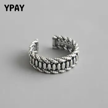 

YPAY Authentic 925 Sterling Silver Open Rings for Women Korea Vintage Twist Weaving Oval Beads Finger Ring Jewelry Gifts YMR878