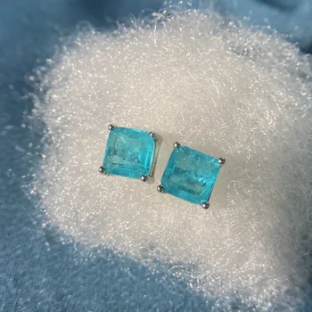 

2020 new Women Cute light lake blue square zircon Aquamarine stone 100% real 925 sterling silver stud earrings for wedding party
