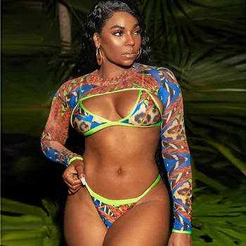 Image of African Style Plus Size Mesh Perspective Long Sleeve Bathing Suit Women Miami Style Swimsuit Female Swimwear Bikini Maillot XL