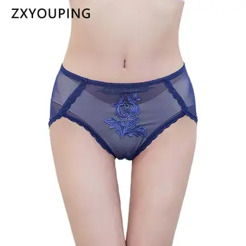 

Sexy Transparent Panties for Women Full Lace Mesh Ultra Thin Briefs Ladies Mid Waist Soft Seamless Underwear 3D Rose Embroidery