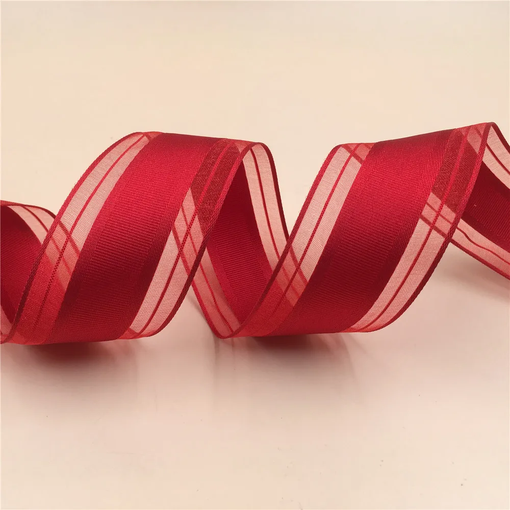 

38MM X 25 Yards Red Organza Stripes Wired Edge Ribbon for Birthday Decoration Gift Wrapping 1-1/2" N2214