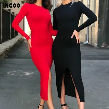 

INGOO Elegant Slit Backless Bodycon Midi Dress Women Spring Sexy Slim Red Black O-Neck Long Sleeve Dresses Party Club Vestidos