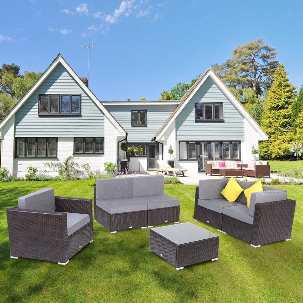 

6PCS Outdoor Patio Rattan Wicker Furniture Set,Arm Chairs,Long Seat and Coffee Table Rattan Garden Sofa Set Sectional Couch