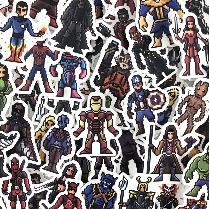 64 шт. мини-наклейки Marvel pack Pixel детские наклейки для ноутбука, автомобиля, гитары, багажа, скейтборда, велосипеда, водонепроницаемые милые забавные наклейки
