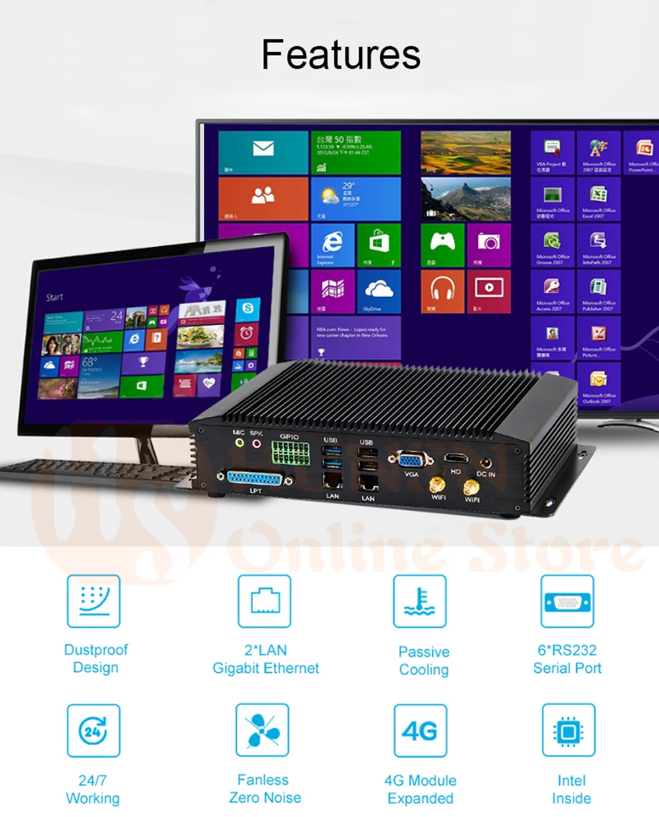 AIM06 Industrial Fanless Mini PC with Intel Core I3/I5, Windows 11 or Linux, 4G, Watchdog, 2LAN, GPIO, 6COM RS232 422 485 Description Image.This Product Can Be Found With The Tag Names Barebone Mini PC, Computer Office, Industrial pc