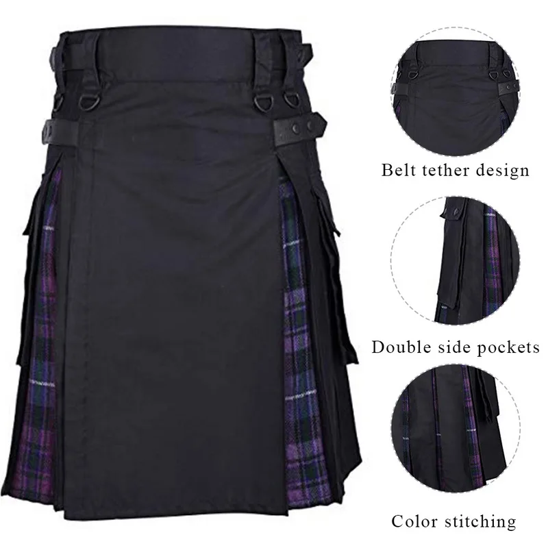 Горячая шотландская Мужская Kilt традиционный Клетчатый Ремень плиссированная Двусторонняя цепь коричневый готический панк шотландская юбка брюки