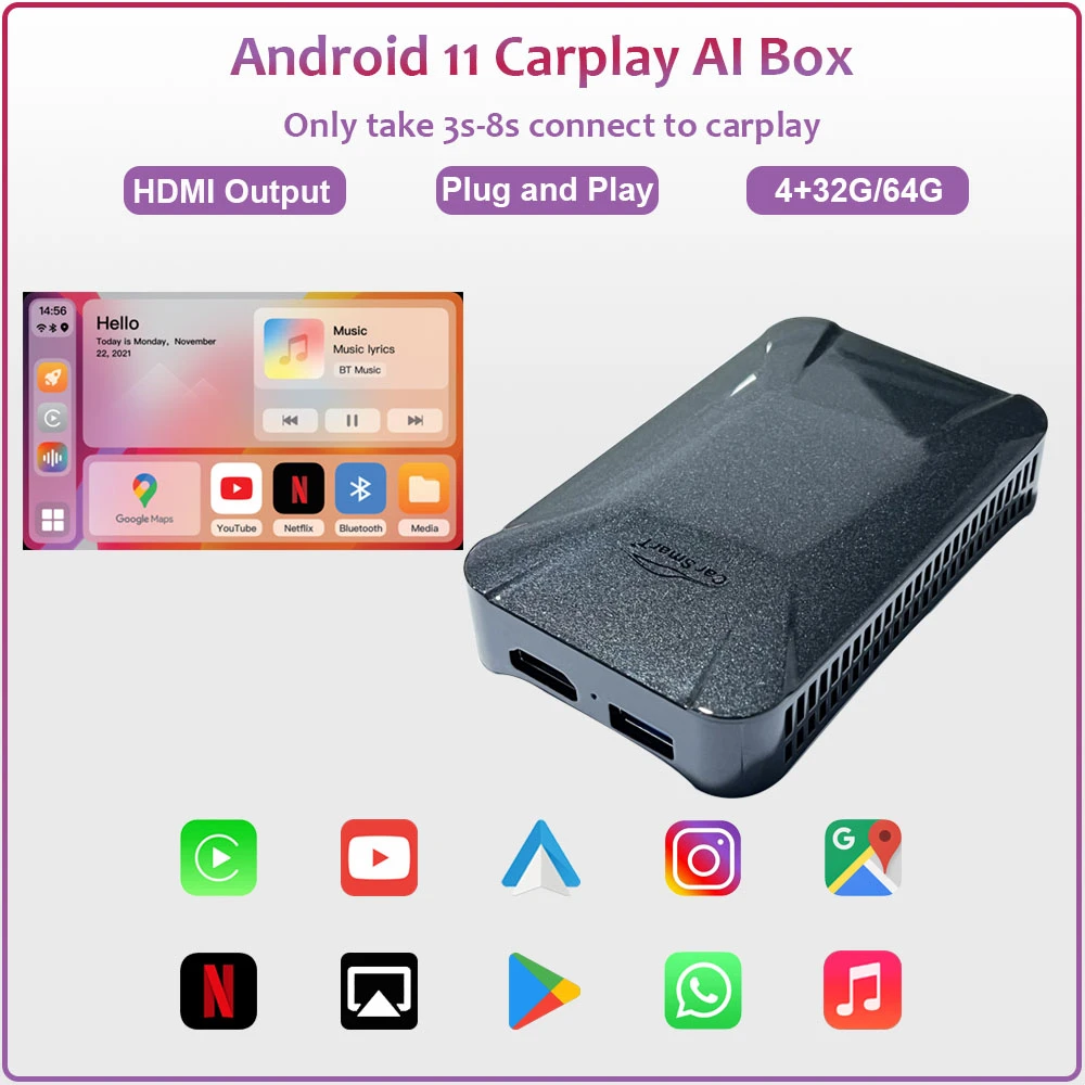 caja de Ia Carplay coche, dispositivo inalámbrico con Android, HDMI, 4 + 128G, Bluetooth, Wifi, Mirror link, para YouTube, Google Play| | -