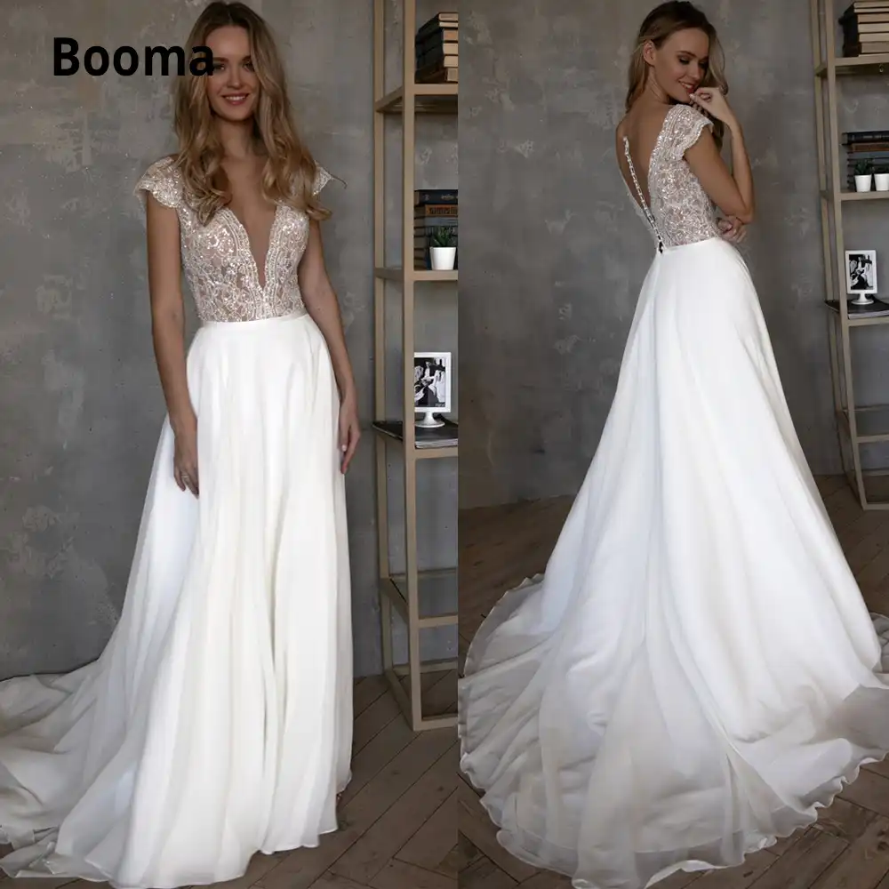 Booma Elegante Encaje Vestidos De Novia Boho 2019 Boton Trasero Bohemios Vestidos De Novia Chifon De Marfil Blanco Vestido Para Boda En La Playa De Talla Grande Aliexpress