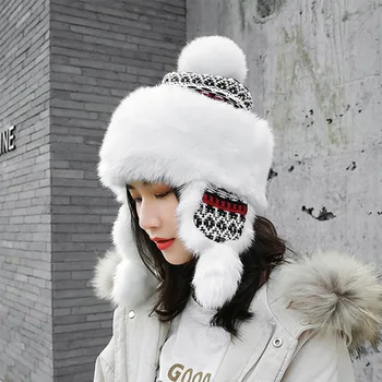 

2020 Thick Plush Russian Winter Warm Snow Soviet Hat Ushanka Women Fur bomber Hats Earflap knitted Cap Aviador gorro Nieve Mujer