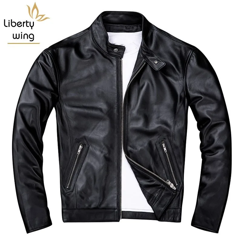

Black Real Leather Jacket Men Fashion Moto Mens Jackets Large Size 4XL Stand Zipper Sheepskin Coat Autumn Outwaer Free Shipping