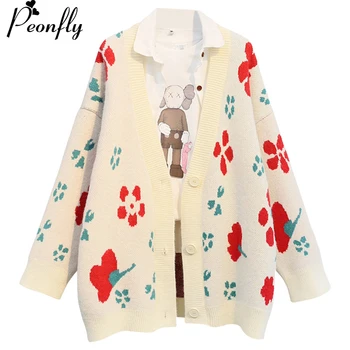 

PEONFLY Korean Style Single Breasted Cardigans Womens Sweaters 2020 Spring V Neck Long Sleeve Fashion Floral Printed Knitwear