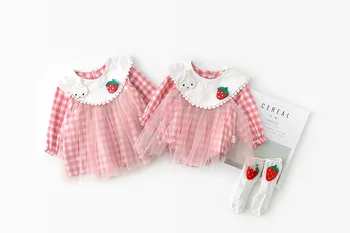 

baby jumpsuits cotton chiffion long sleeve peter pan collar plaid infant romper for girls newborn jumpsuits
