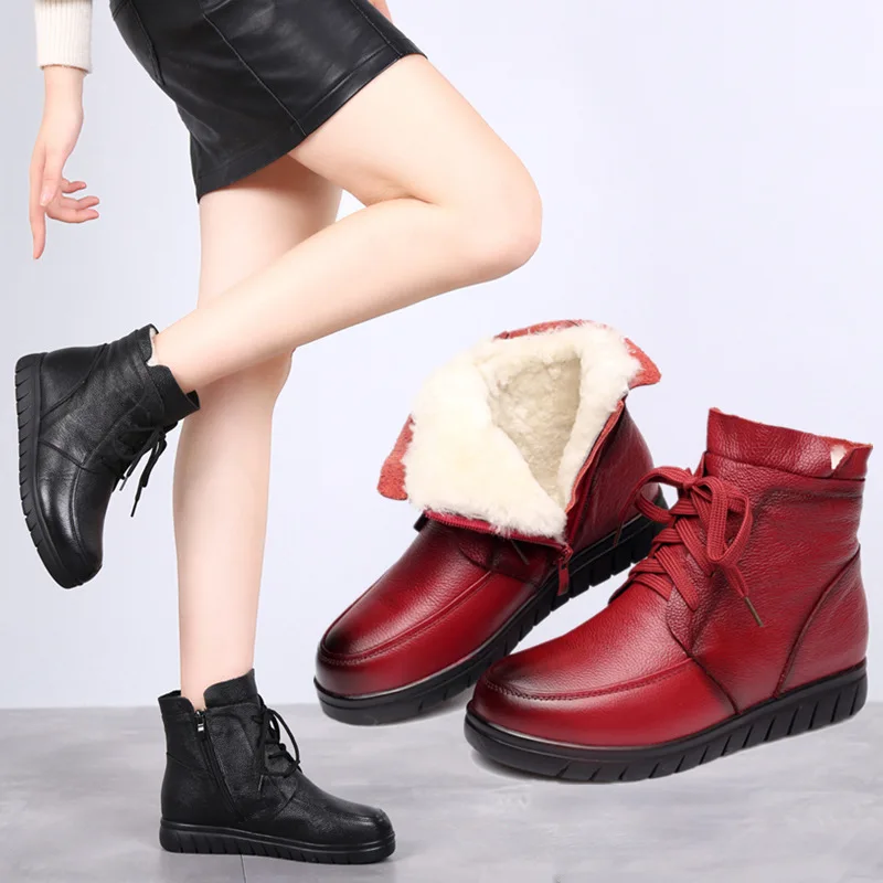 

New Style Short Boots Women's Winter Warm plus Velvet Flat Middle-aged Cotton Boots Genuine Leather Wool Shoes Mom Shoes
