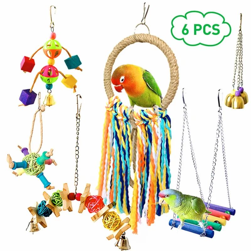 

6Pcs Parrot Toy Wood Bird Toy Funny Assorted Bite Resistant Bird Cage Toy Set Colorful Swing, Hanging Ring, Chew Toy