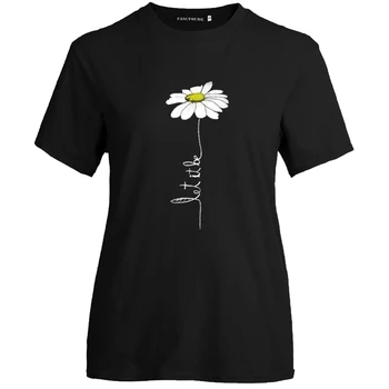 

Summer Let It Daisy Print Women T Shirt Casual Short Sleeve O-neck T-Shirt Fashion Black Tee Shirt S-XL