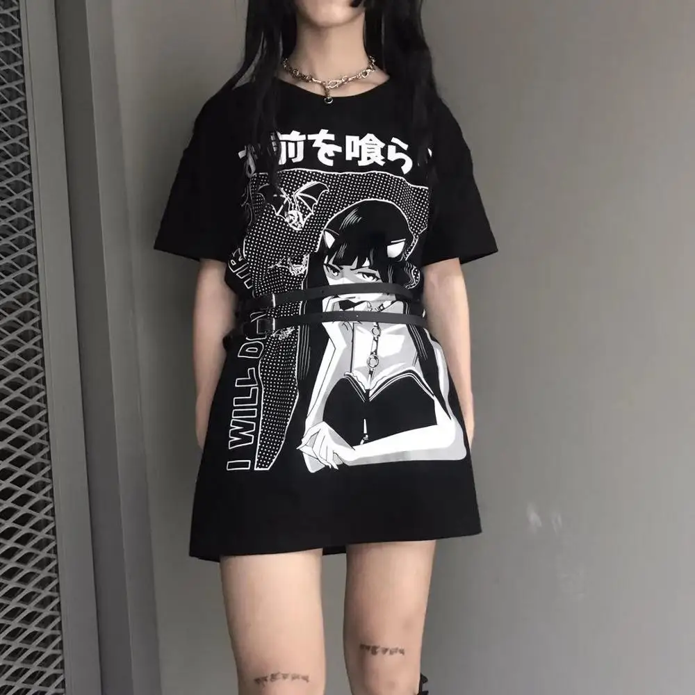 InsGoth Harajuku Свободные Длинные футболки женские Готический уличный сверхразмерный Черный футболки Гранж Печатные Модные женские винтажные Топы