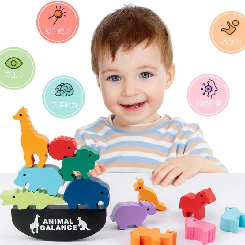 12Pcs Montessori Wooden Rainbow Animal Balance Blocks Board Games Toys Dinosaur Educational Stacking High Building Block Toy 2 12Pcs Montessori Wooden Rainbow Animal Balance Blocks Board Games Toys Dinosaur Educational Stacking High Building Block Toy 2