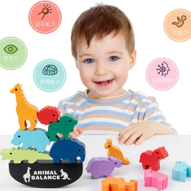 12Pcs Montessori Wooden Rainbow Animal Balance Blocks Board Games Toys Dinosaur Educational Stacking High Building Block Toy 2