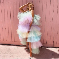 Colorful Fashion Fluffy Prom Dress Strapless Sleeveless Tiered Pleated Tulle Ball Gown Women Party Cocktail Gowns Custom Made
