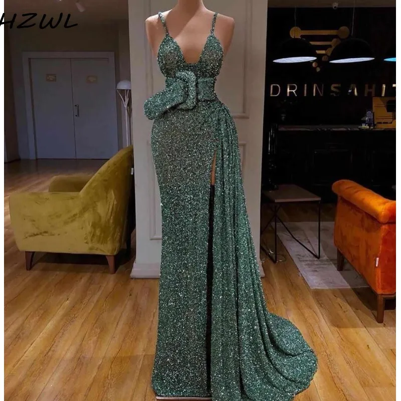 

Shinning Sequined Prom Dresses With Spaghetti Straps High Side Split Evening Dress Sweep Train Cheap Party Gowns robe de soiree