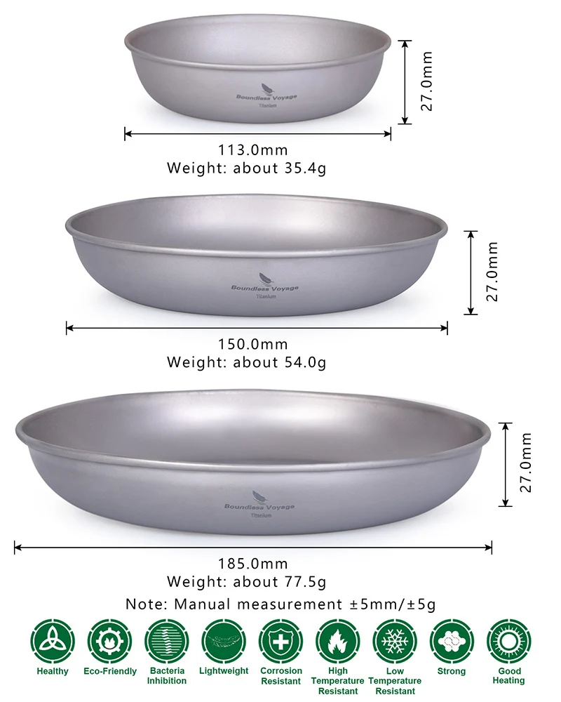 Description Picture 2 of itemBoundless Voyage 3pcs Ultralight Titanium Plate Camping Bowl Dish with Mesh Bag Outdoor Camping Tableware Cookware Mess Kit 167g