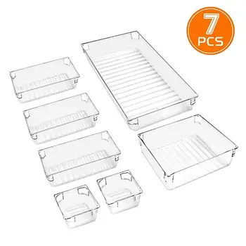 

7Pcs Desk Drawer Organizer Clear Trays Assorted Drawer Dividers Versatile Storage Boxes Makeup Organiser Set for Kitchen Office