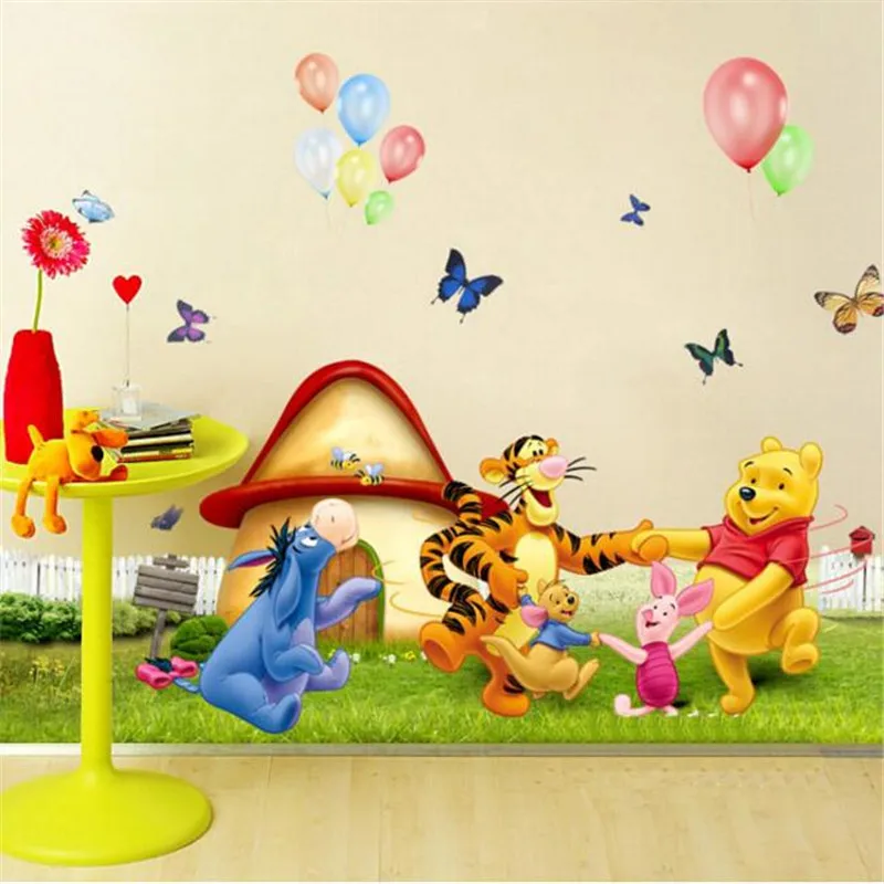Pegatinas de dibujos animados de Winnie The Pooh, mariposa tigre, fondo con globos para habitaciones de niños, Mural para dormitorio, calcomanía escolar