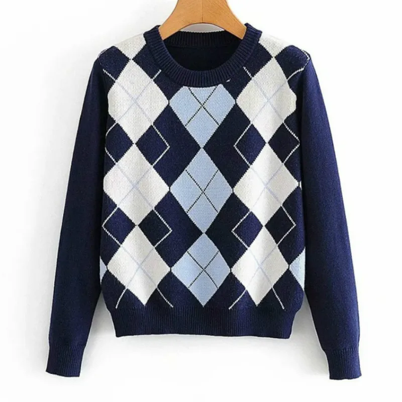 

Vintage Argyle Sweater Women Pullover Autumn 2020 Stylish Plaid Patchwork Cotton Sweater Full ONeck England Style Winter Clothes