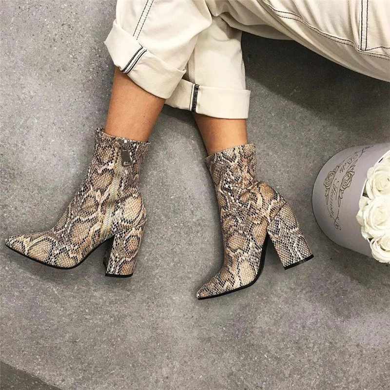 

2019 Women Boots 11.5cm High Heels Ankle Boots Lady Snake Skin Print Block Thick Heels Fetish Plus Size 42 Zipper Stripper Shoes