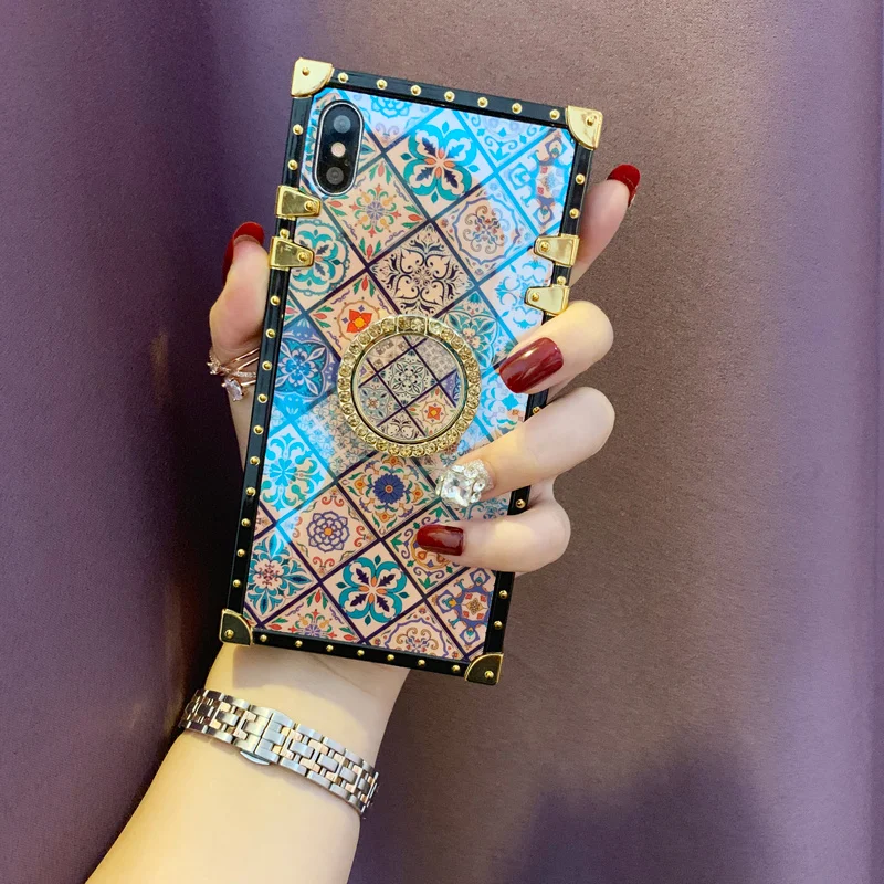 Case For iPhone Xr Xs Max Cover Blue Ray Square Rivet Chinese Style Girly Shiny Ring Stand Case For iPhone X Xs 7 8 Plus 6S Case (2)