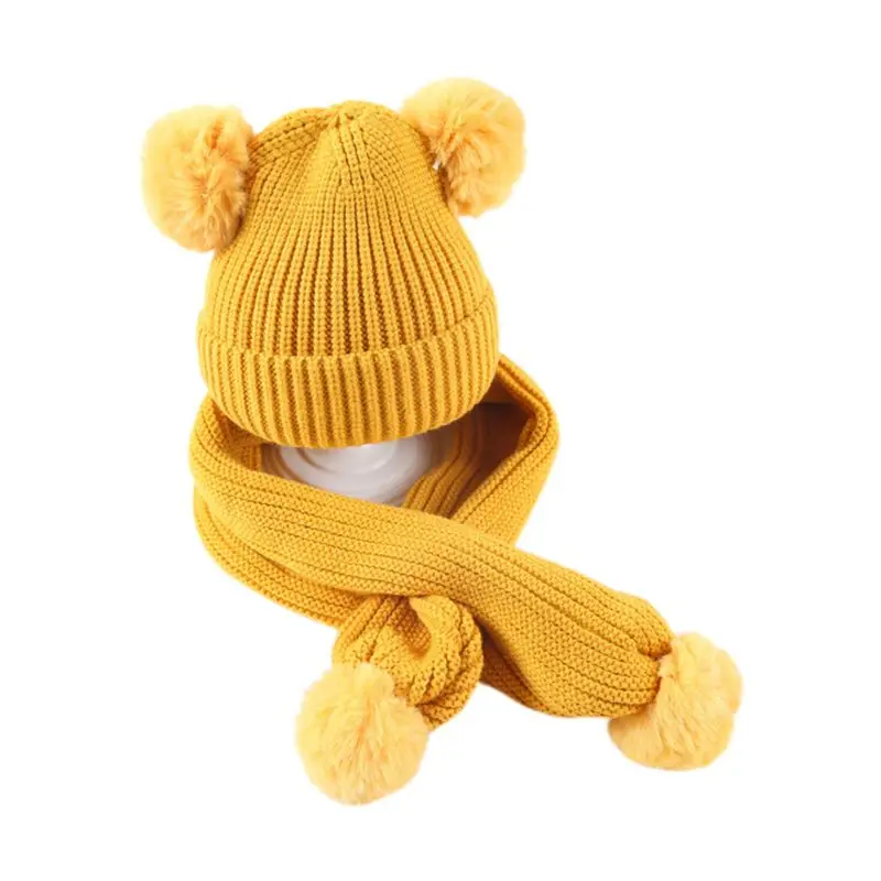 Зимний детский шарф, вязаная шапка(комплект), одноцветная с 2 шариками, детская шаль на осень и зиму - Цвет: 1