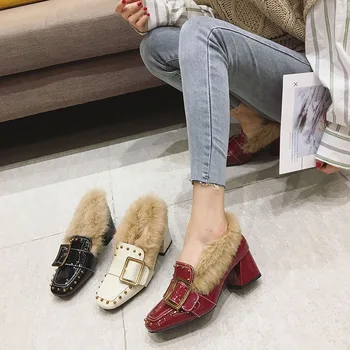 

2019 winter new high heel women fashion simple solid color plush stitching rivet decoration warm thick heel casual high heels