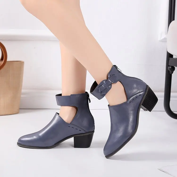 

2019 new autumn bow pointed comfortable versatile back zipper patent leather chunky heel