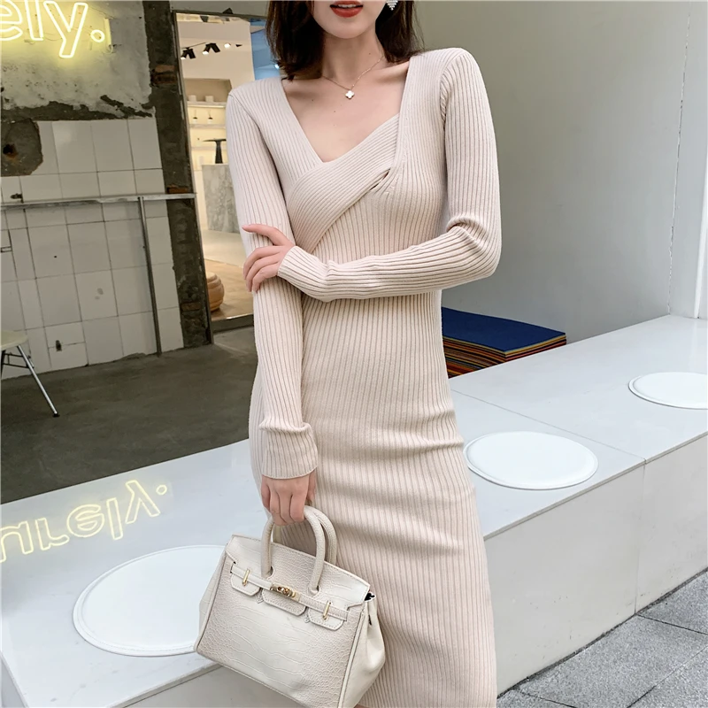 

Fashion Irregular V Neck Long Sleeve Bodycon Dress Women Elegant Autumn Winter Sweater Dress Vestidos High Elastic Knitted Dress