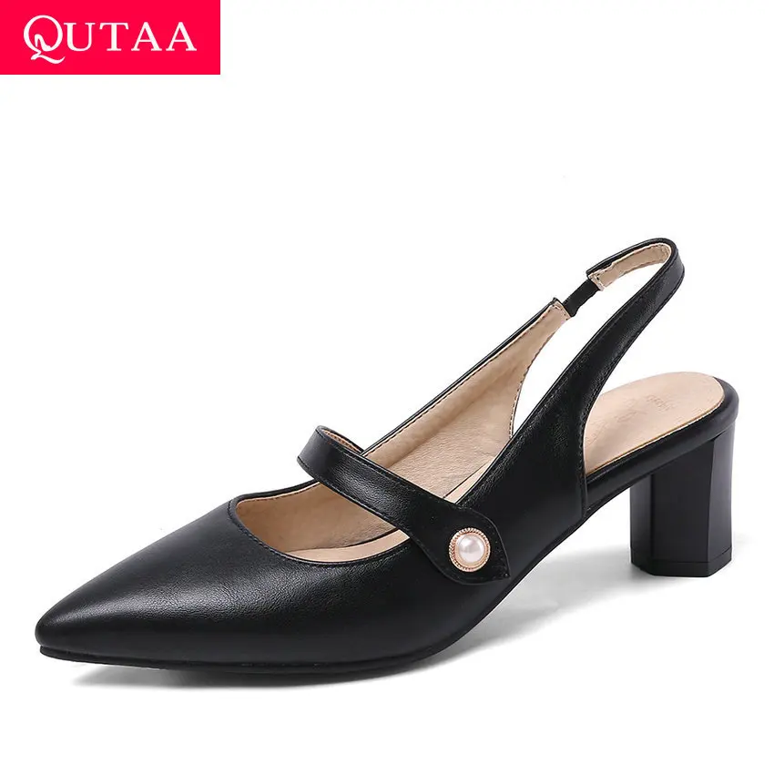 

QUTAA 2020 Pointed Toe Fashion Bead Women Pumps PU Leather Back Strap Sandals Square High Heel Slingback Women Shoe Size 34-43
