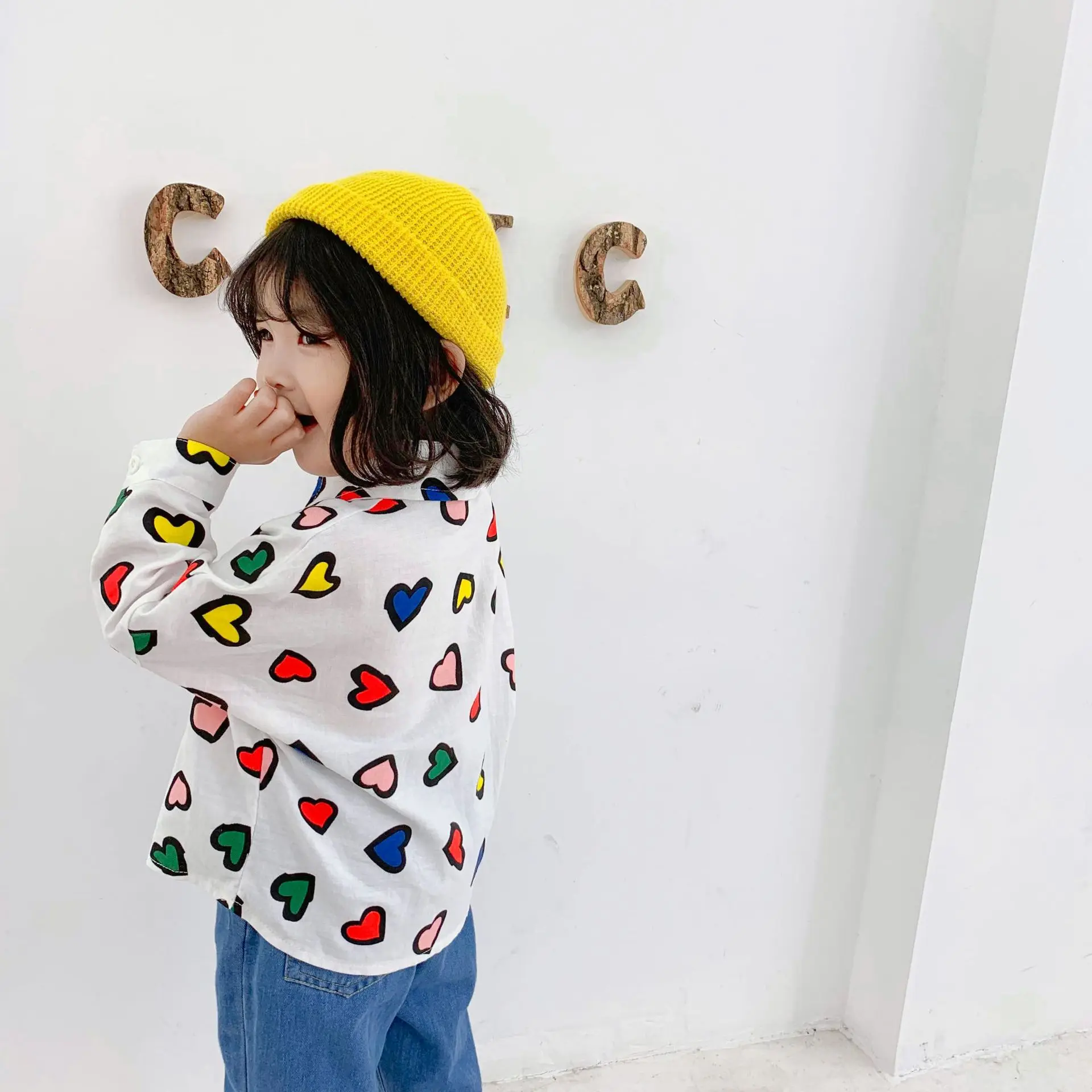 Children Childrenswear Korean-style Men And Women Child Spring And Autumn Colour Printing Heart Fold-down Collar Shirt Hem Arc B
