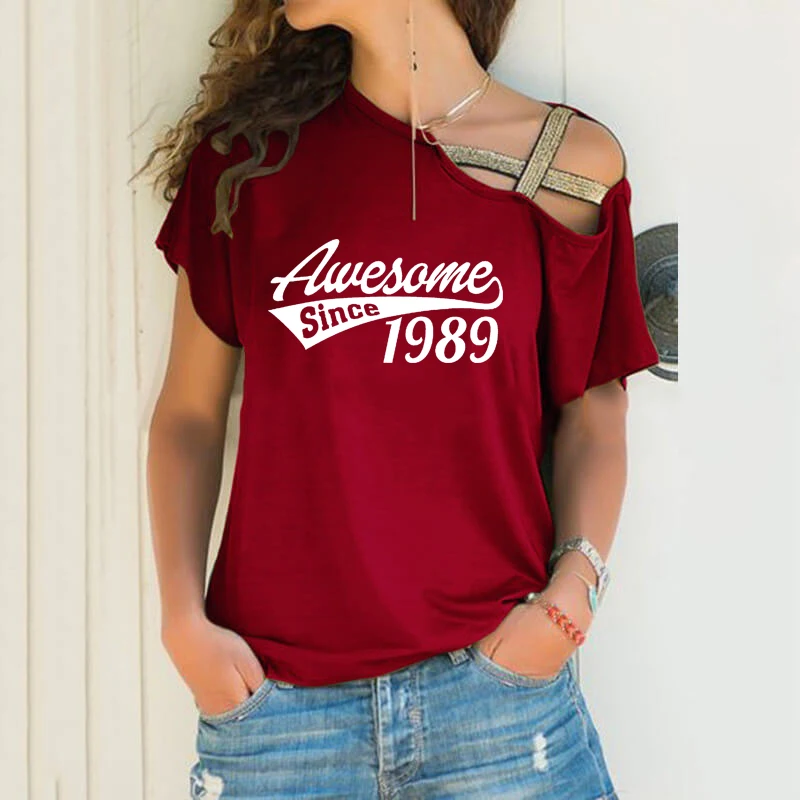 

Awesome Since 1989 Print Loose T-shirt Women Irregular Tshirt 30th Birthday Tops Punk Harajuku Skew Neck Cross Bandage T-shirt