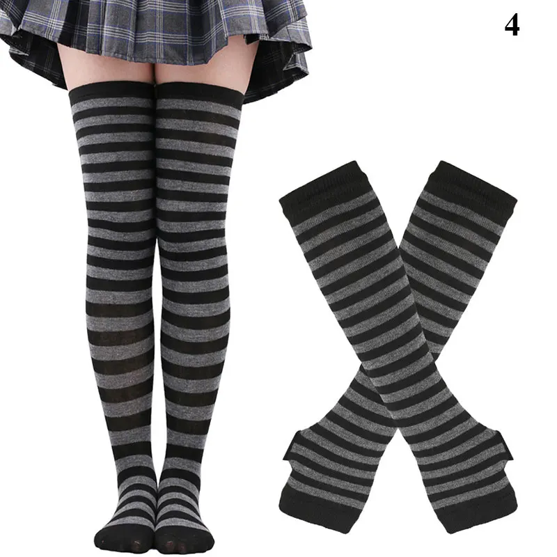 Chic Stripe Printed Thigh-High Cotton Socks and Arm Sleeve Set