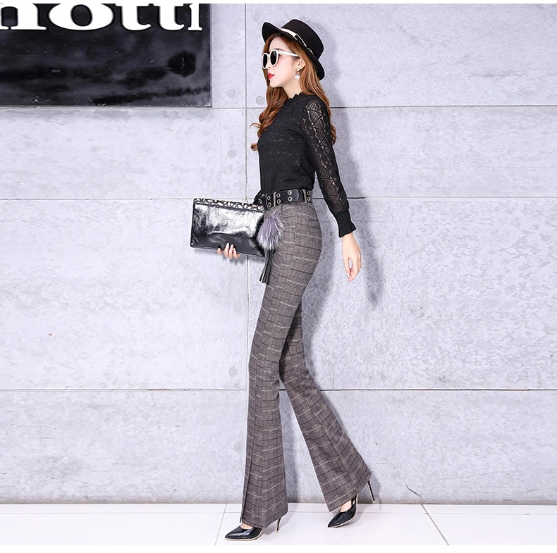 2019 New Autumn Plaid Wide Leg Pants For Women Office Work Wear Lady Pants With Belt Long Trousers Female Fashion Design Trouser (9)