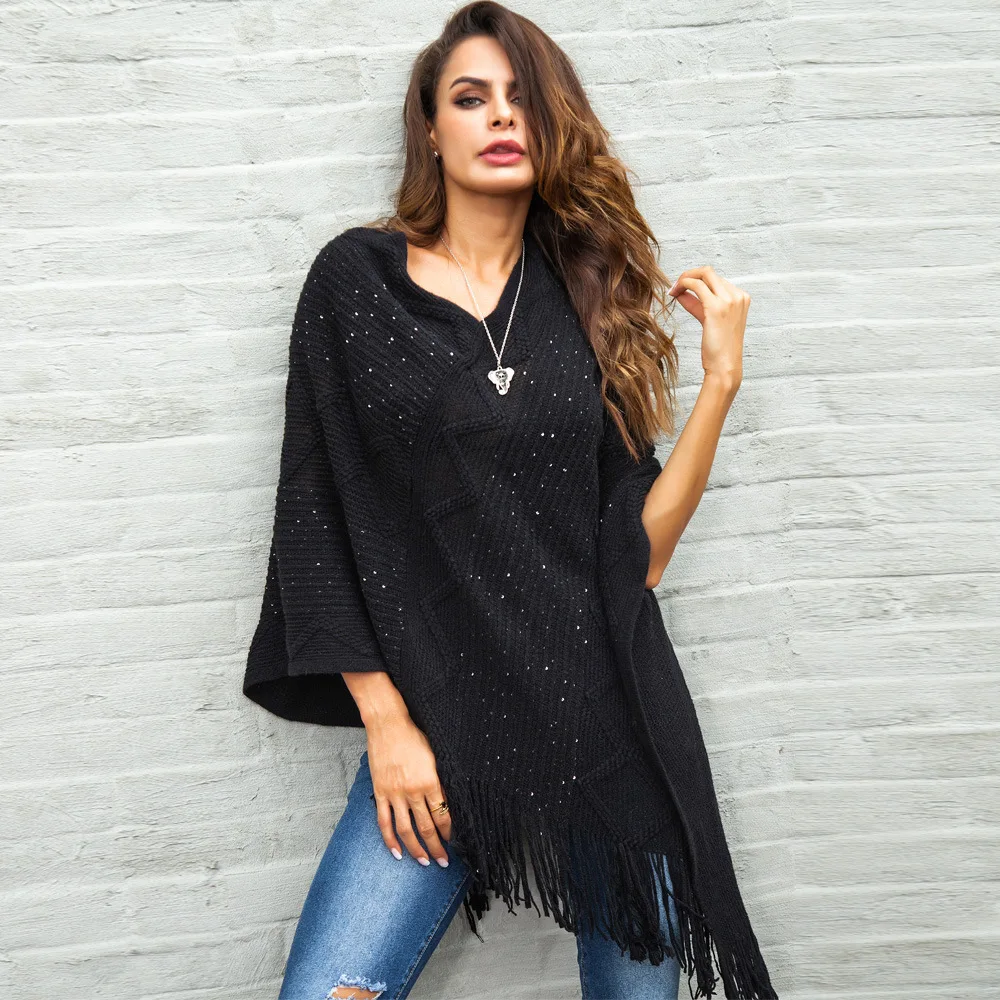 

Sweater Women Irregular Tassel Cloak Shawl Europe and The United States Women's Sweaters and Pullovers Sexy V-Neck Sweater Coat